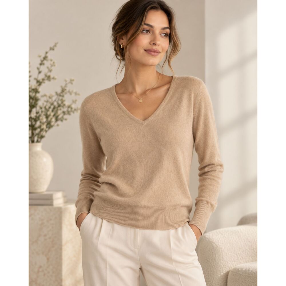 Tahari 100% 2-Ply Cashmere V-Neck Sweater Women’s Size L Beige Tan